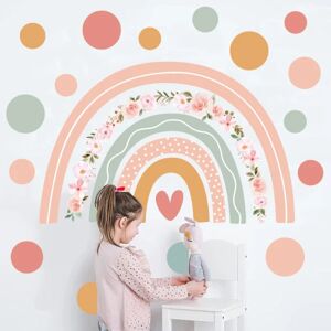 Rainbow Wall Decals Bohemian Dots Wall Stickers Pink Flower Wall