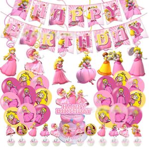 Super Mario Bros Princess Peach-tema Børn Piger Fødselsdagspynt Tilbehør Balloner Banner Swirls Kage Cupcake Toppers Sæt