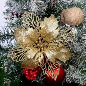 Pakke med 12 (Guld 10 cm) DIY juletræ vedhæng Juleblomst vedhæng Ornamenter til juletræer og festdekorationer Noel Sapin