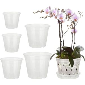 5-pak Phalaenopsis potte, orkidé potter med hul og tønde, klar plast urtepotte til indendørs udendørs have hvid