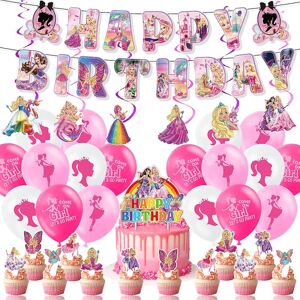 Barbie Tema Tillykke med fødselsdagen Party Supplies Balloner Sæt Banner Cupcake Cake Toppers Sæt dekoration