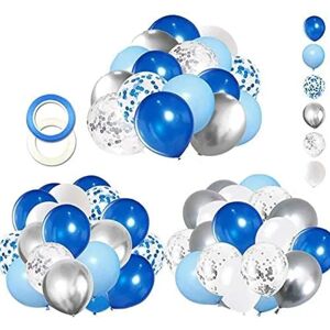 Heyone 62 stk blå sølv hvide konfetti balloner sæt, 12 tommer hvide kongeblå balloner Metalliske sølv balloner Blå splint konfetti balloner