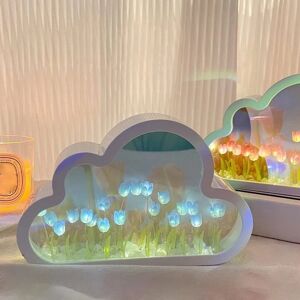 Heyone DIY Tulip Night Light, Cloud Mirror Simulation Flower Soveværelses sovebordslampe, boligindretning, værelsesindretning til teenagepiger, lys (blå)