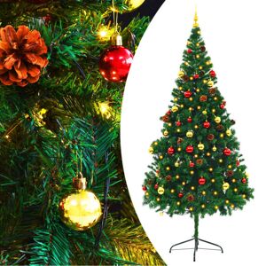 vidaXL kunstigt juletræ med julekugler og LED-lys 210 cm PVC grøn