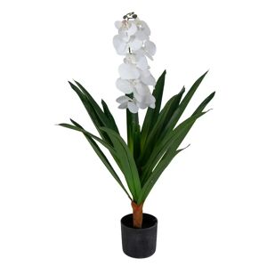 Home-tex Kunstig Orkidé - 80 cm - Ét grenet hvide blomster - Kunstig blomst i sort potte