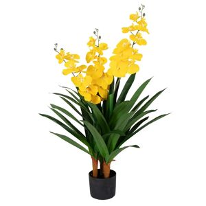 Home-tex Kunstig Orkidé - 100 cm - 3-grenet - Gule blomster - Kunstig blomst i sort potte