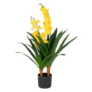 Home-tex Kunstig Orkidé - 90 cm - 2-grenet - Gule blomster - Kunstig blomst i sort potte