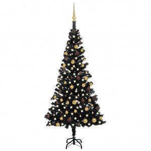 vidaXL Árbol De Navidad Preiluminado Con Luces Y Bolas Negro 180 Cm