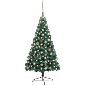 vidaXL Medio árbol de Navidad con luces y bolas verde 150 cm