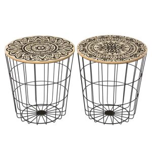 LOLAhome 2 cestas con bandeja extraíble de metal negro y tablero natural y negro de Ø 40x42 cm
