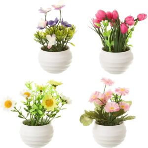 LOLAhome Set de 4 plantas artificiales de flores de tela con maceta blanca