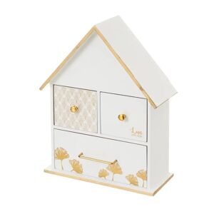 LOLAhome Caja casa de hojas de madera blanca y dorada de 23x10x29 cm