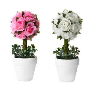 LOLAhome Set de 2 plantas artificiales rosas de tela con maceta blanca de terracota de Ø 6x48 cm