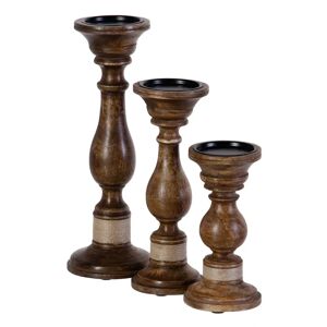 LOLAhome Set de 3 candelabros con pedestal natural oscuro de madera de mango