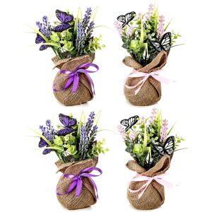 LOLAhome Set de 4 plantas artificiales de Lavanda con mariposas de tela lila de Ø 7x24 cm