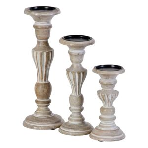 LOLAhome Set de 3 candelabros con pedestal tallados blancos de madera de mango