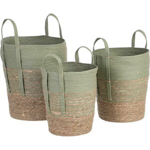 LOLAhome Set de 3 cestas de fibra natural trenzada verde y natural con asas