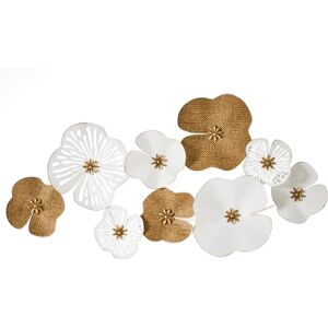 LOLAhome Mural de flores de hierro y fibra natural blanco y dorado de 120x65 cm