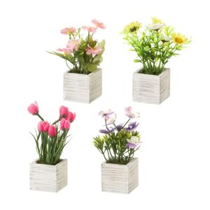 LOLAhome Set de 4 plantas artificiales de flores de tela con maceta blanca