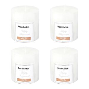 LOLAhome Set de 4 velas perfumadas blancas cilíndricas aroma Fresh Cotton de parafina de Ø 7x7 cm