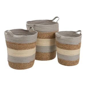 LOLAhome Set de 3 cestos acordonados con asas de fibra natural gris y beige