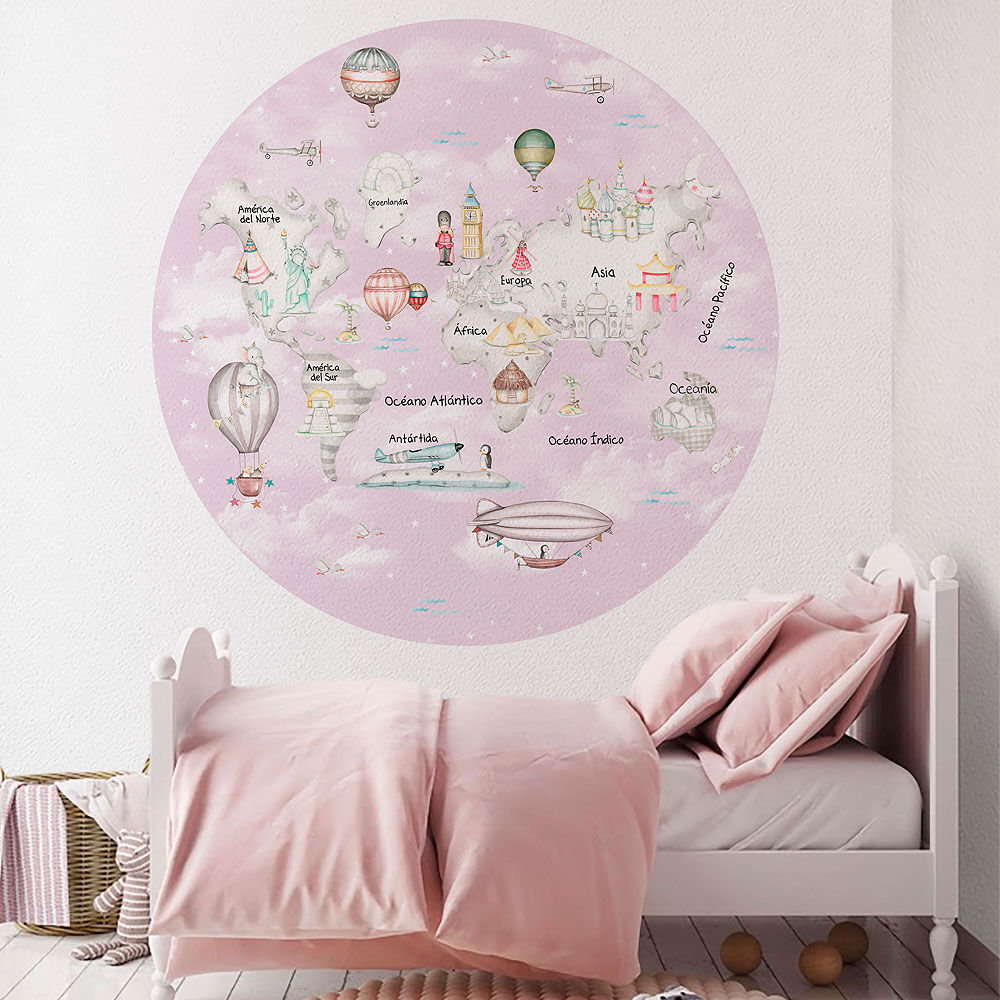 imda Vinilo infantil "Mapamundi travel gris" fondo rosa (Vinilos: Diámetro de 150cm)