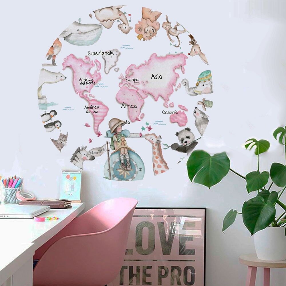 imda Vinilo infantil "Mapamundi rosa exploradora" (Vinilos: Diámetro de 150cm)