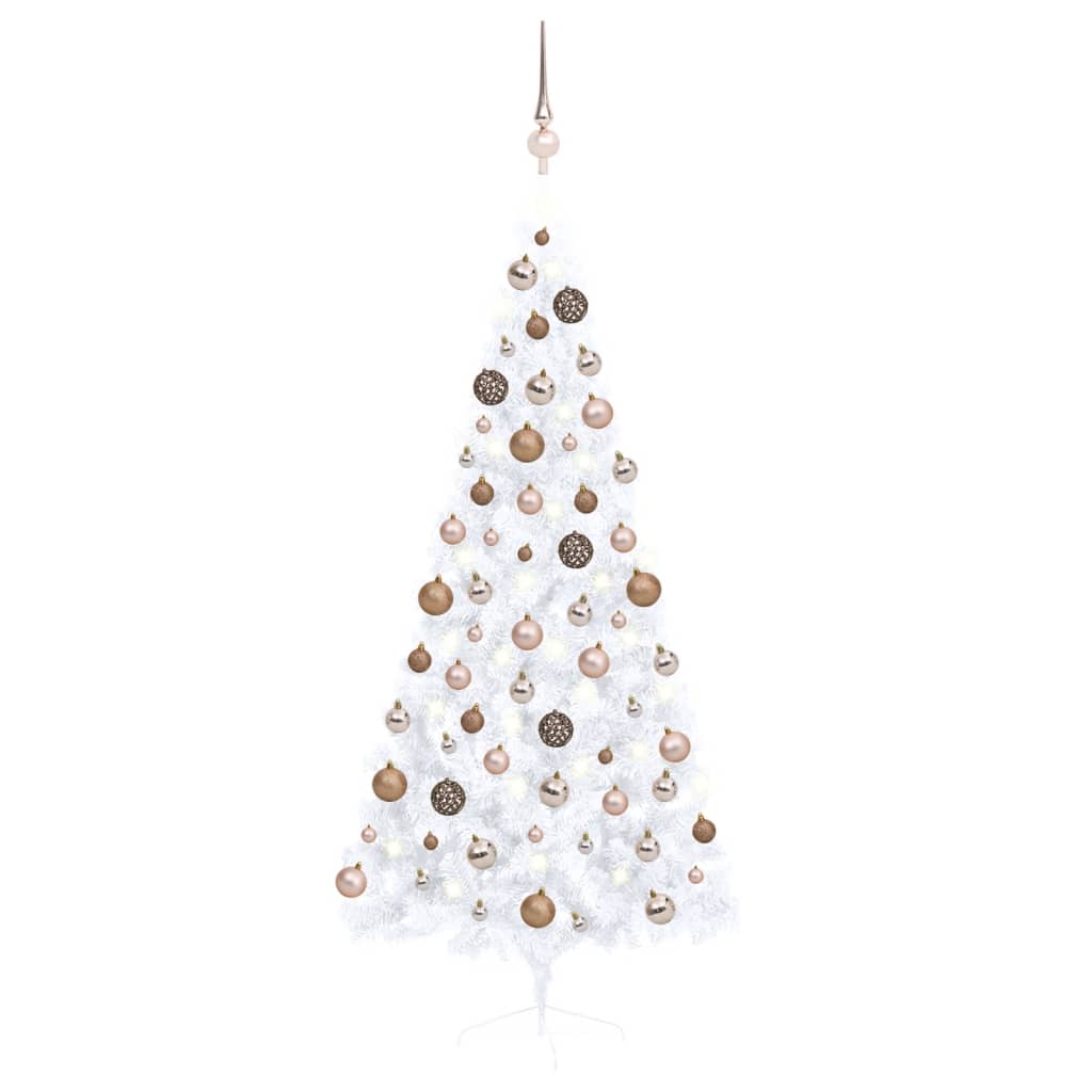 vidaXL Medio árbol de Navidad con luces y bolas blanco 180 cm