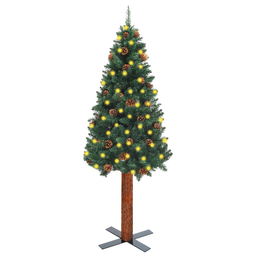 vidaXL Árbol de Navidad delgado madera auténtica y piñas verde 210 cm