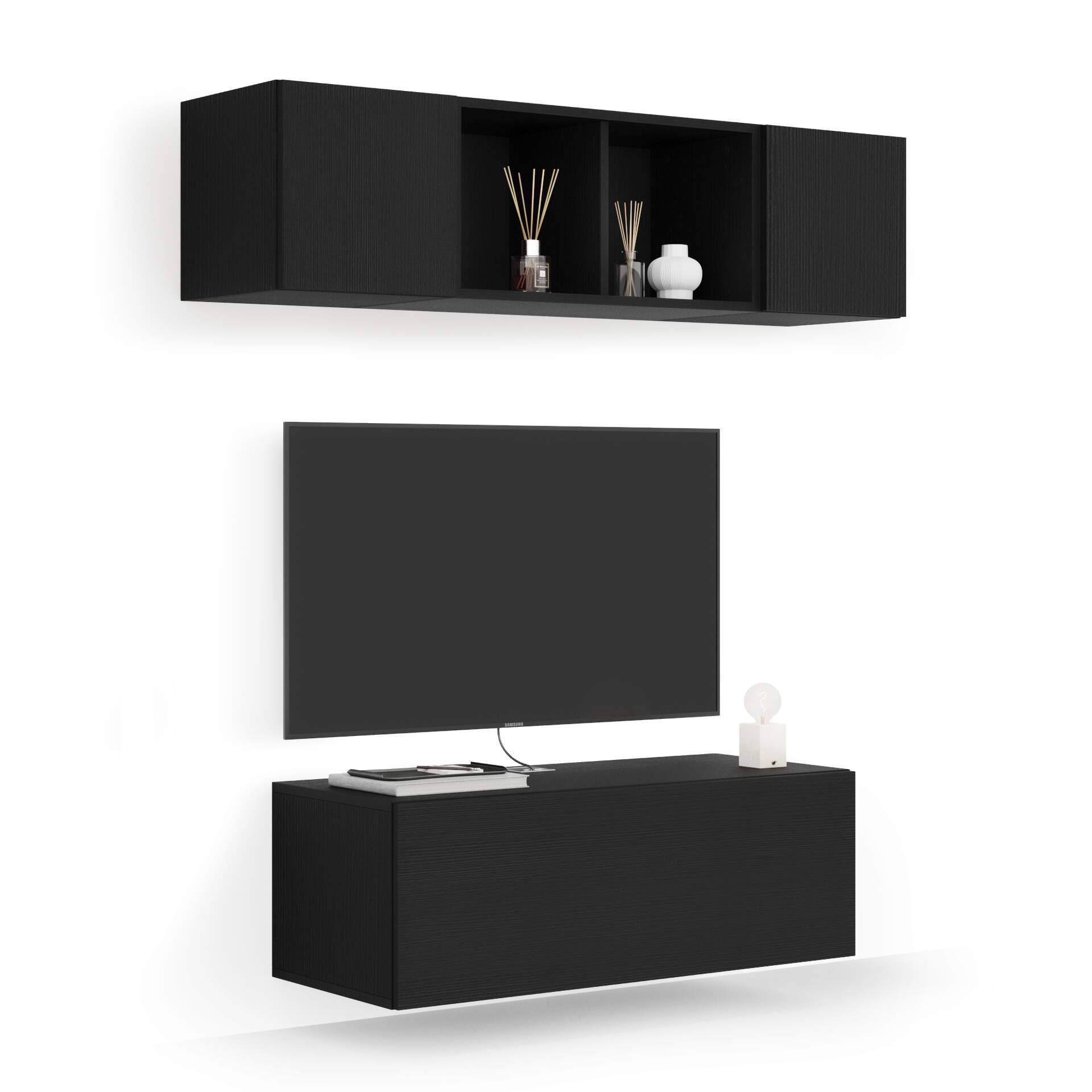 Mobili Fiver Composición de pared Easy para salón 2, color madera negra, 142x44x160 cm