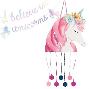 OH YEAH Grande pinata d'anniversaire licorne de 40,5 x 43 cm avec guirlande irisée de 3 m Décoration pour fêtes d'enfants garçon et fille Grandes pommes de pin à remplir avec des jouets et des friandises. Publicité