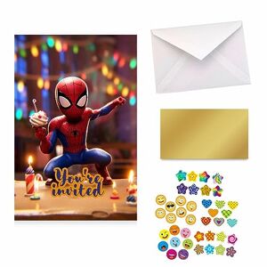 GeekWithAttitude Set of 10 Spiderman Birthday Invitations for Kids Boy's Birthday Card Birthday Party 10 Stickers, 10 Gold Scratch-off Stickers, and 10 White Envelopes - Publicité
