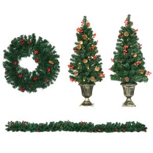 Homcom Lot de 4 pieces deco. de Noel couronne, guirlande, 2 sapins vert