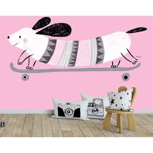 Hexoa Papier peint enfant motif chien sur un skateboard rose 312x270cm