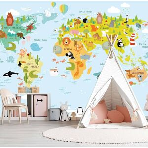 Hexoa Papier peint enfant motif carte du monde et animaux 364x270cm