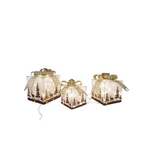Tarrington House Boîtes à cadeaux illuminées à LED, 3 pièces, métal / polyester, hauteur : 30 cm, 120 ampoules LED en blanc chaud
