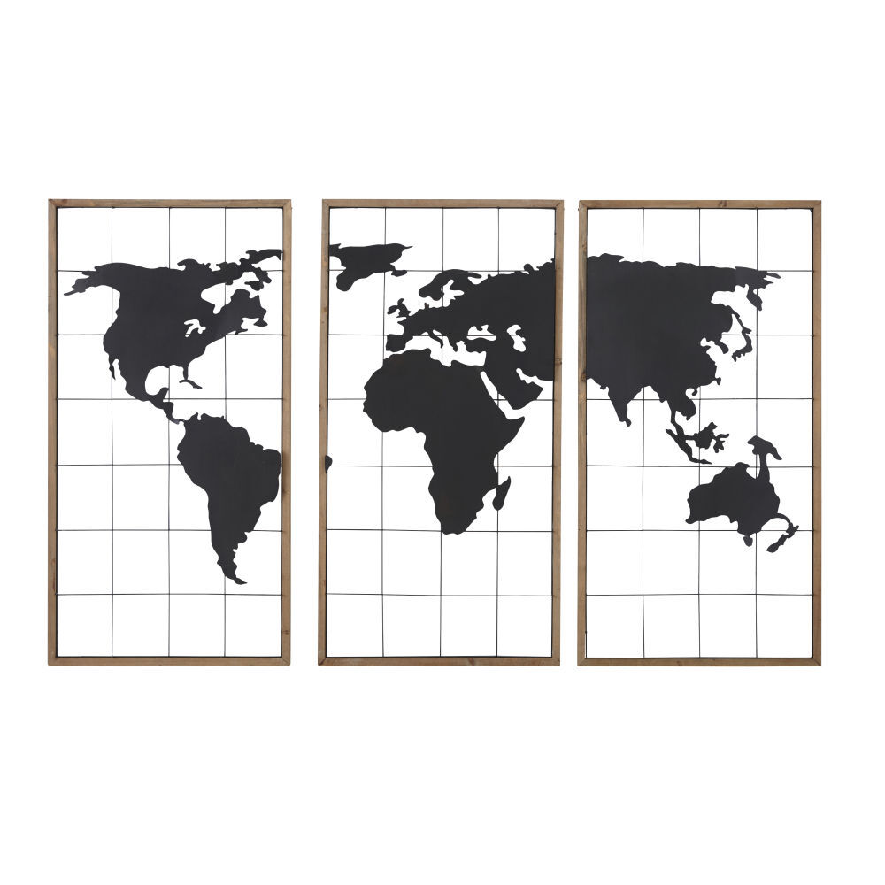Maisons du Monde Triptyque carte du monde en métal noir et sapin 159x102