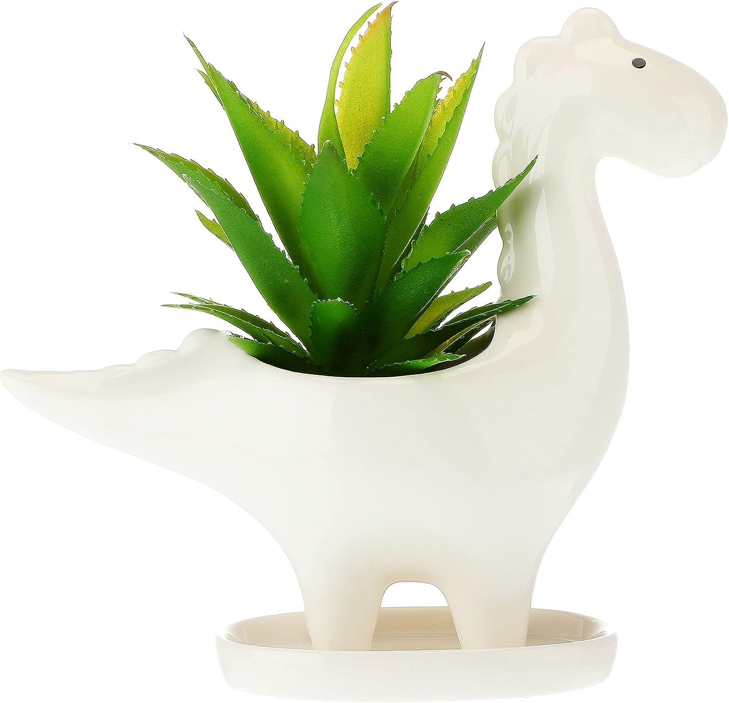 Ceramic Dinosaur Planter Pot with Drainage Hole and Tray for Home Garden Gardening Supplies (White)