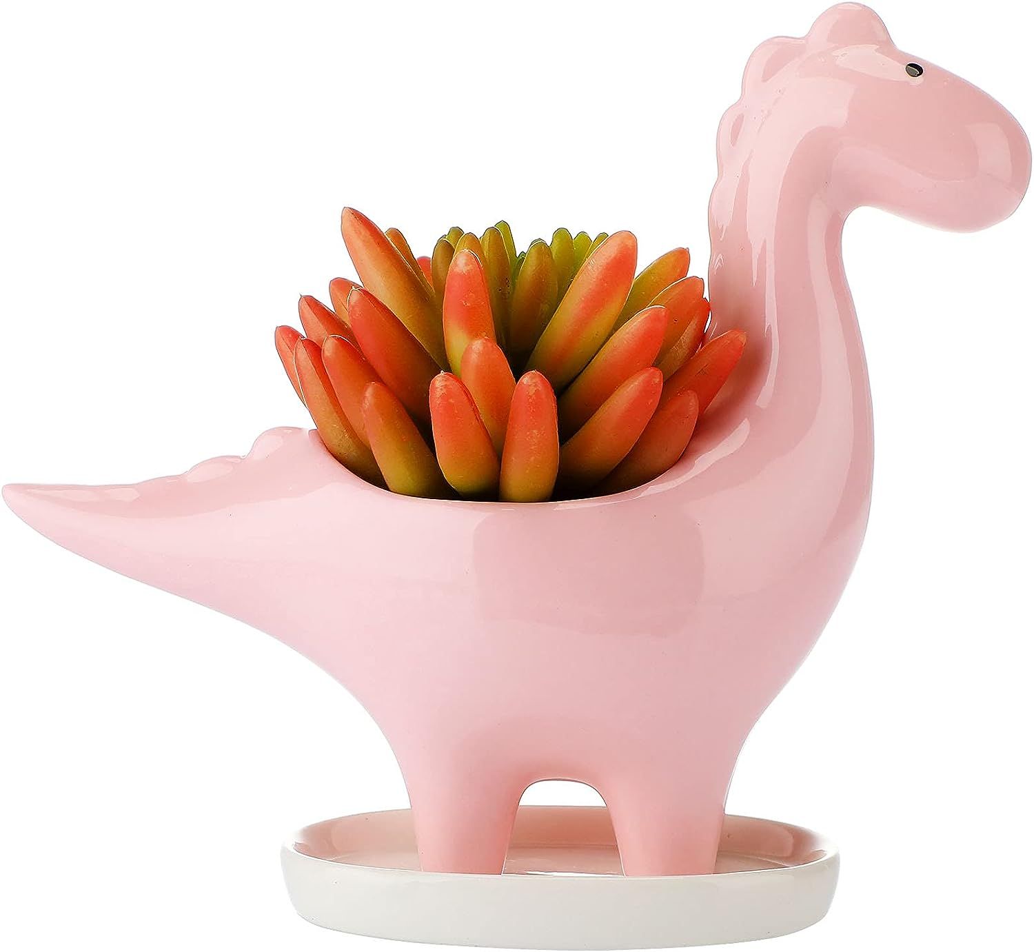 Dinosaur Succulent Pots, Fleshy Ceramic Planter, Creative Animal Planter with Drainage Hole and Tray for Home Gardening Supplies (Pink, Elegant Style)