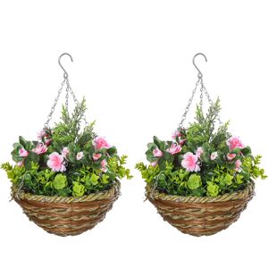 Outsunny Set di 2 Piante Finte Lisianthus da Appendere per Interno ed Esterno con Vaso in Vimini e Catenelle, Ф25x34cm, Rosa e Verde