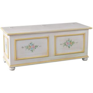 Cassapanca arte povera in legno shabby bianco anticato decorato filo giallo