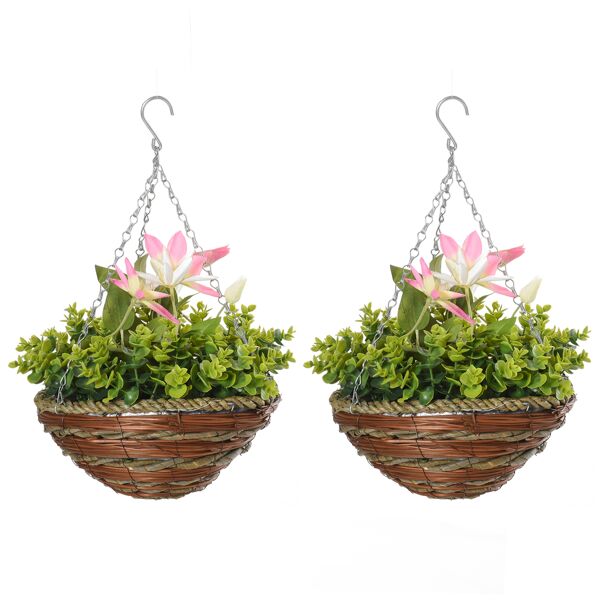 outsunny pianta artificiale di clematide set 2 pezzi con gancio, catena e vaso inclusi, Ф30 x 32a cm, foglie verdi e fiori bianco e rosa