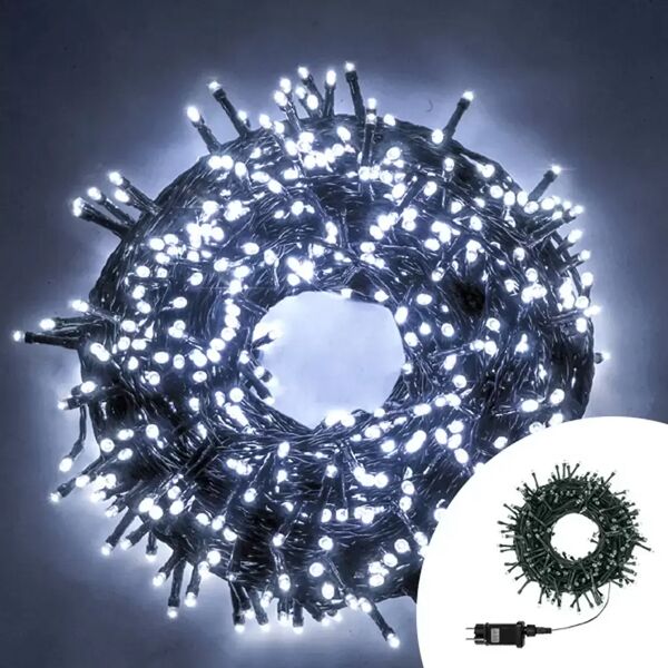 catena di luci 15 metri da 300 led bianco freddo con cavo verde wisdom