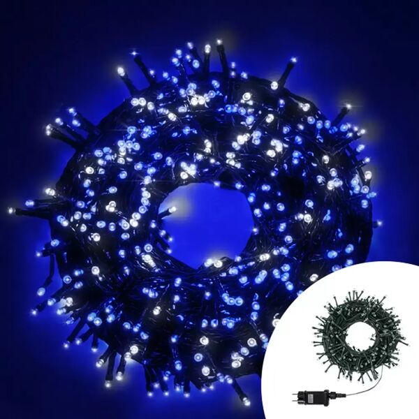 catena di luci 15 metri da 300 led bianco freddo e blu con cavo verde wisdom