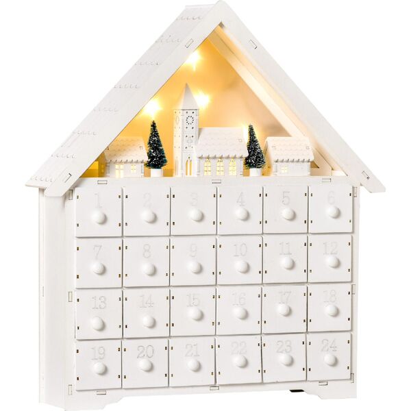 dechome 416 calendario dell'avvento in legno 24 cassetti e villaggio di natale con alberi e luci 39x9x42cm bianco