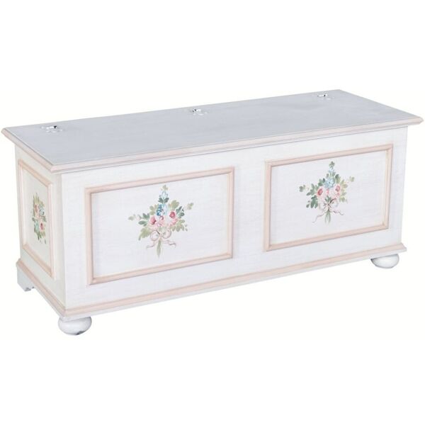 cassapanca arte povera in legno shabby bianco anticato decorato filo rosa