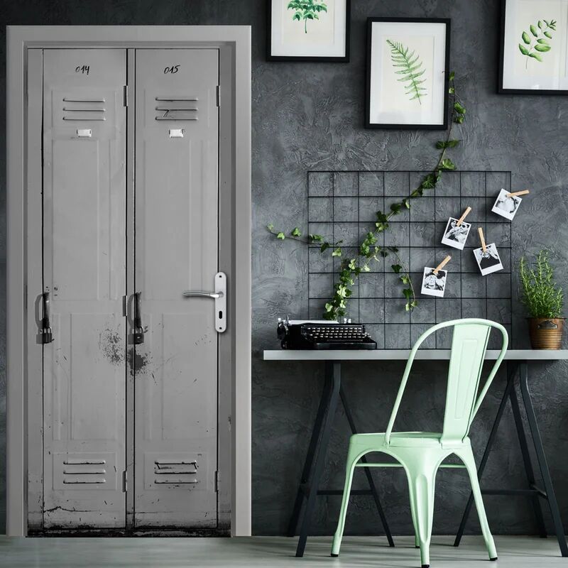 PLAGE Sticker adesivi per porte, Trompe L'Oeil Industrial Metal Wardrobe Grey, invecchiato, 204 cm x 83 cm