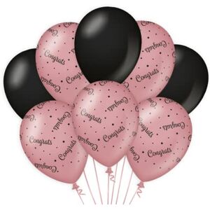 PD-Party 7024413 Verjaardag Ballonnen   Party Balloons   Natuurlijk Rubber (Latex)   Viering   Decoraties Congrats, Pak van 8, Roze/Zwart, 30cm Lengte x 30cm Breedte x 30cm Hoogte