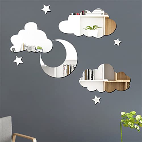 TROYSINC 3D spiegel acryl muursticker, doe-het-zelf wandspiegel, muursticker, wolken maan ster, wanddecoratie voor slaapkamer kinderkamer
