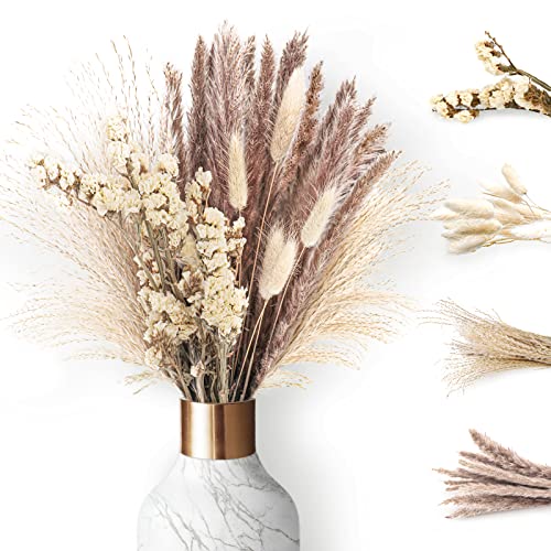 JUNRUI Pampas Gras Gedroogd Deco, 45 Stuks Gedroogde Bloemen Bruin Deco Set, 40cm Pampas Gras Klein Gemengd Boeket Rietbloem Wilt, DIY Gedroogd Bloemenboeket Krans voor Huis(Typ 1)